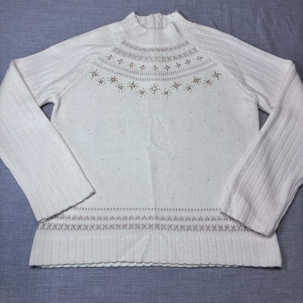 Koret Petites Ivory Beaded Sequins Sweater Small Mock Turtleneck Metallic